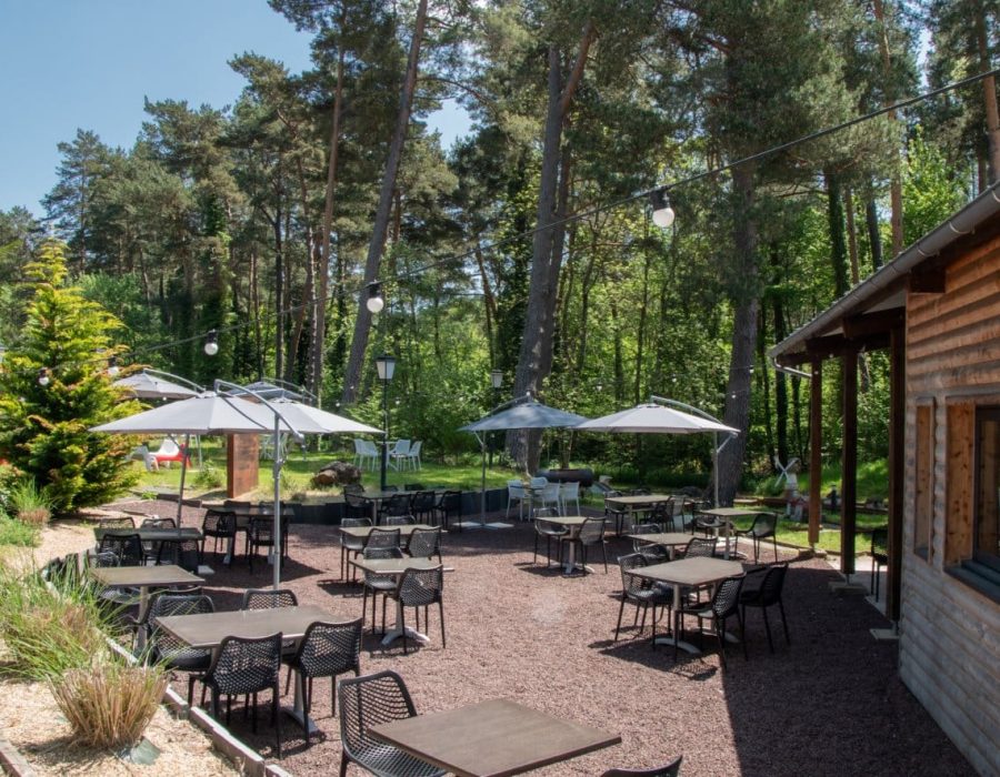Scène de détente dans un environnement boisé avec des tables, des parasols et une ambiance chaleureuse et accueillante.